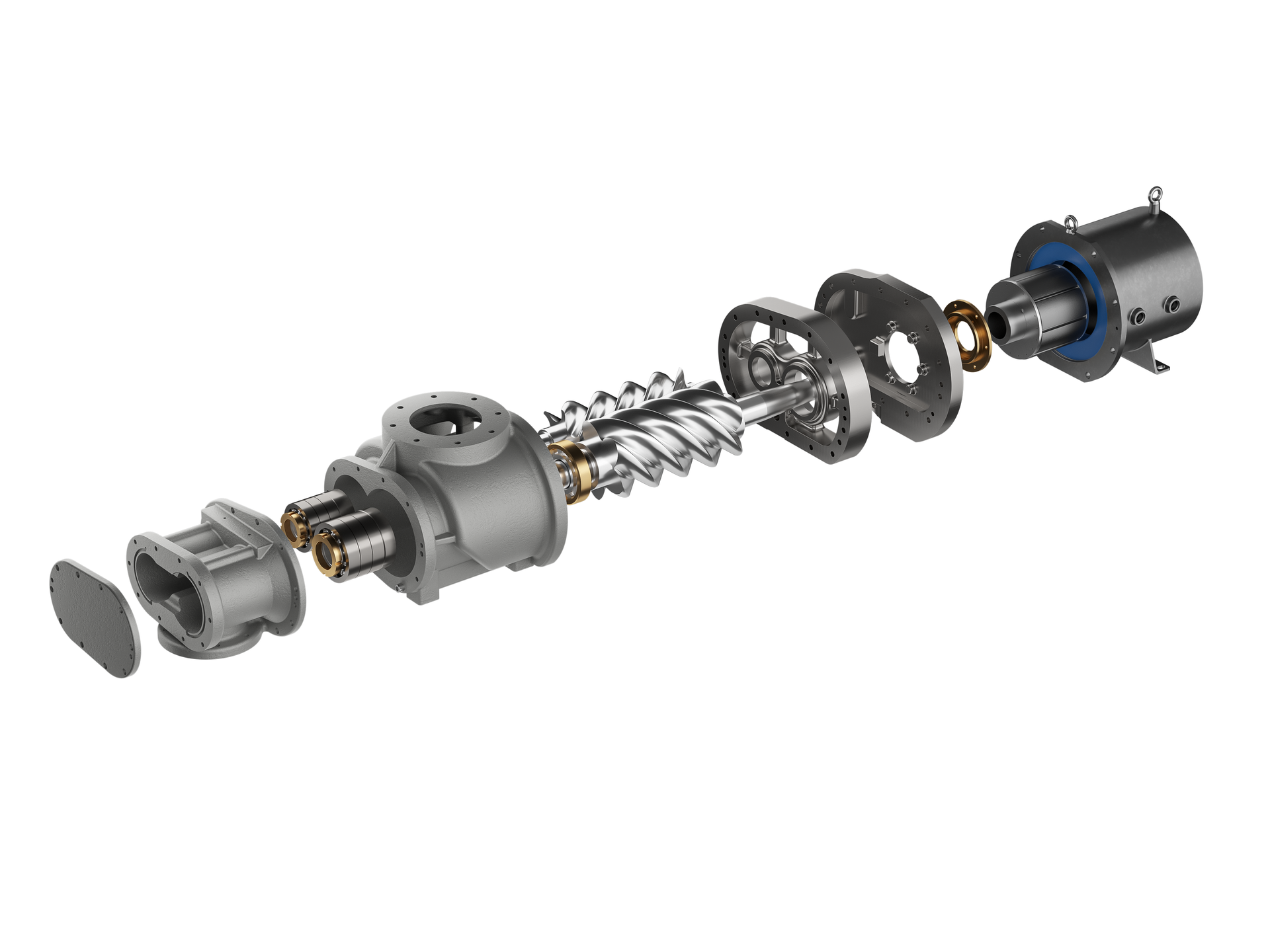 Exploded view of rotary screw compressor airend